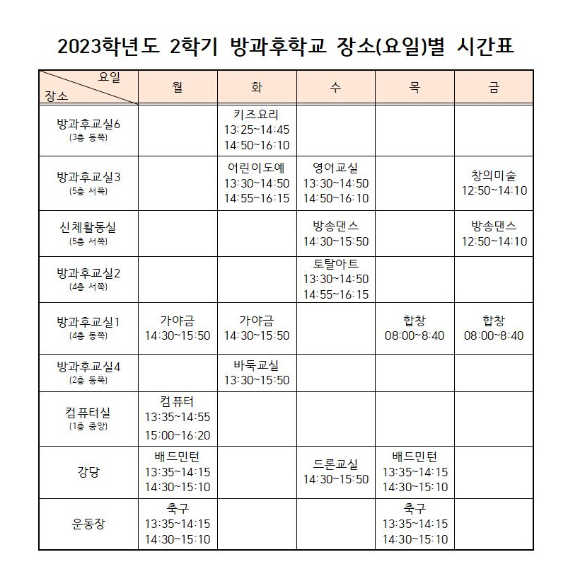 (탑재용) 2023학년도 방과후학교 프로그램 장소별 시간표