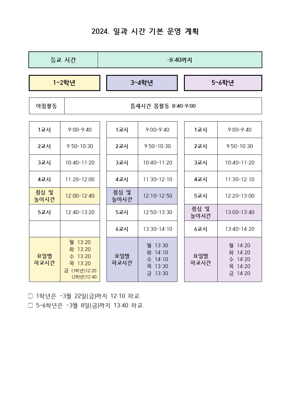 2024. 일과 시간 및 요일별 하교시간 안내001